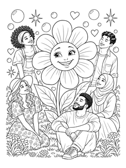 Diverse group admiring a smiling flower in this good vibes coloring page.