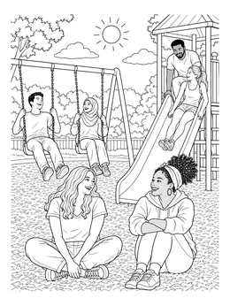 Smiling friends enjoying a sunny park on this happy coloring page.