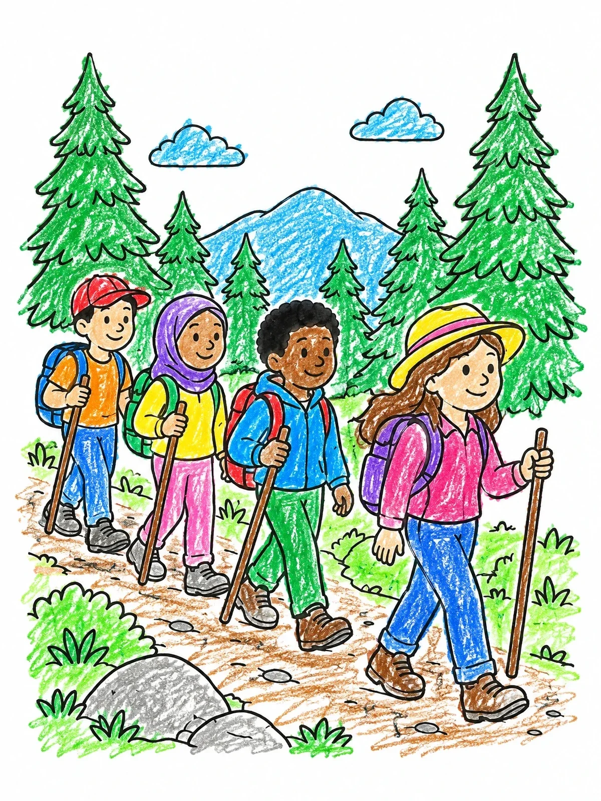 Colored example of the Friends Hiking On A Forest Trail coloring page