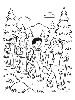Free printable Friends Hiking On A Forest Trail coloring page