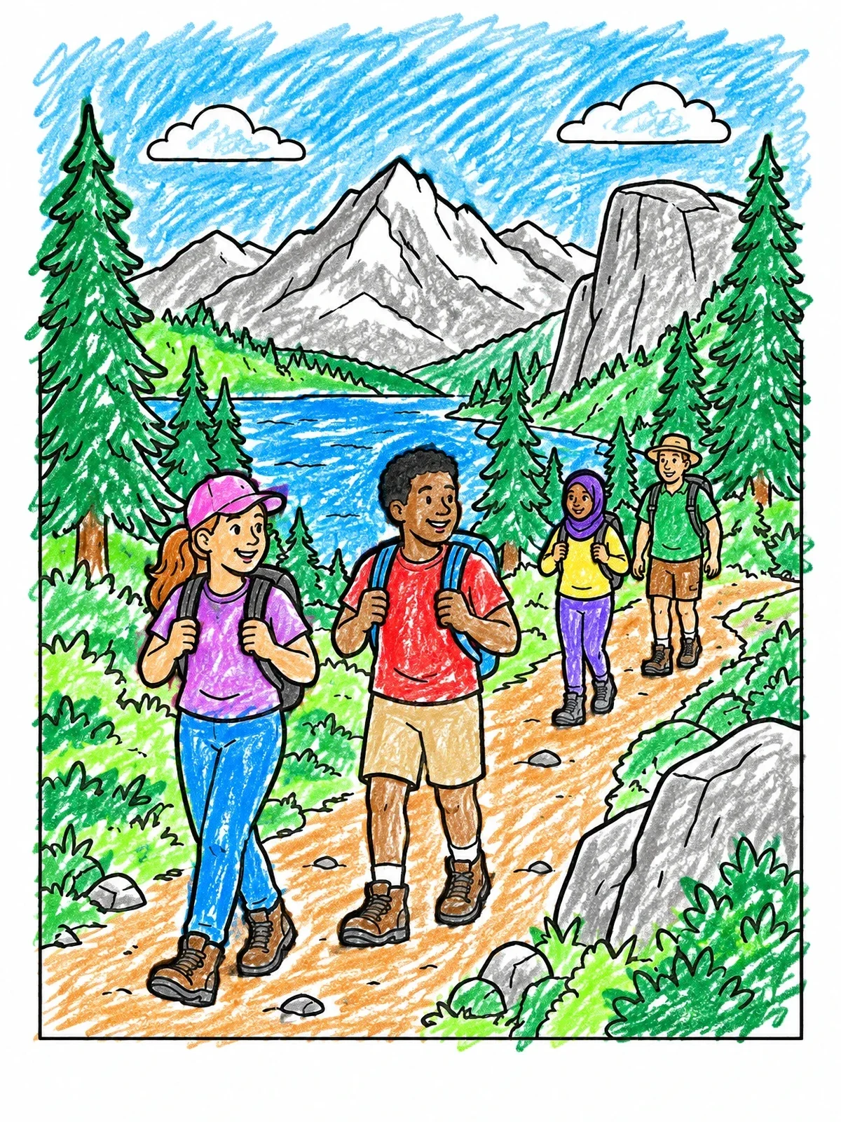 Colored example of the Friends Hiking In National Park coloring page