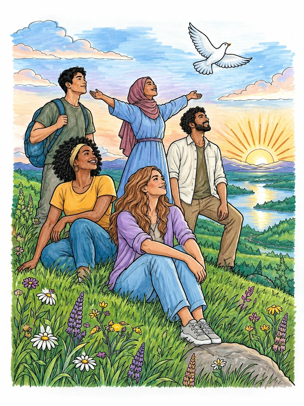 Colored example of the Friends Celebrating Freedom On Hilltop coloring page