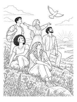 A group gathers on a meadow hill watching a dove in this freedom coloring page.