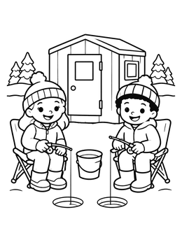 Free printable Friends Ice Fishing By Cabin coloring page