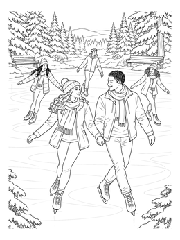 A smiling young couple glides together in this ice skating coloring page set in a scenic snowy park.