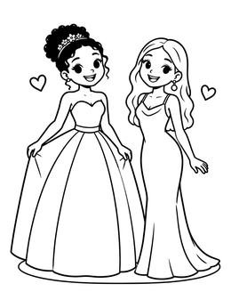 Two smiling girls posing together in this dress coloring page.
