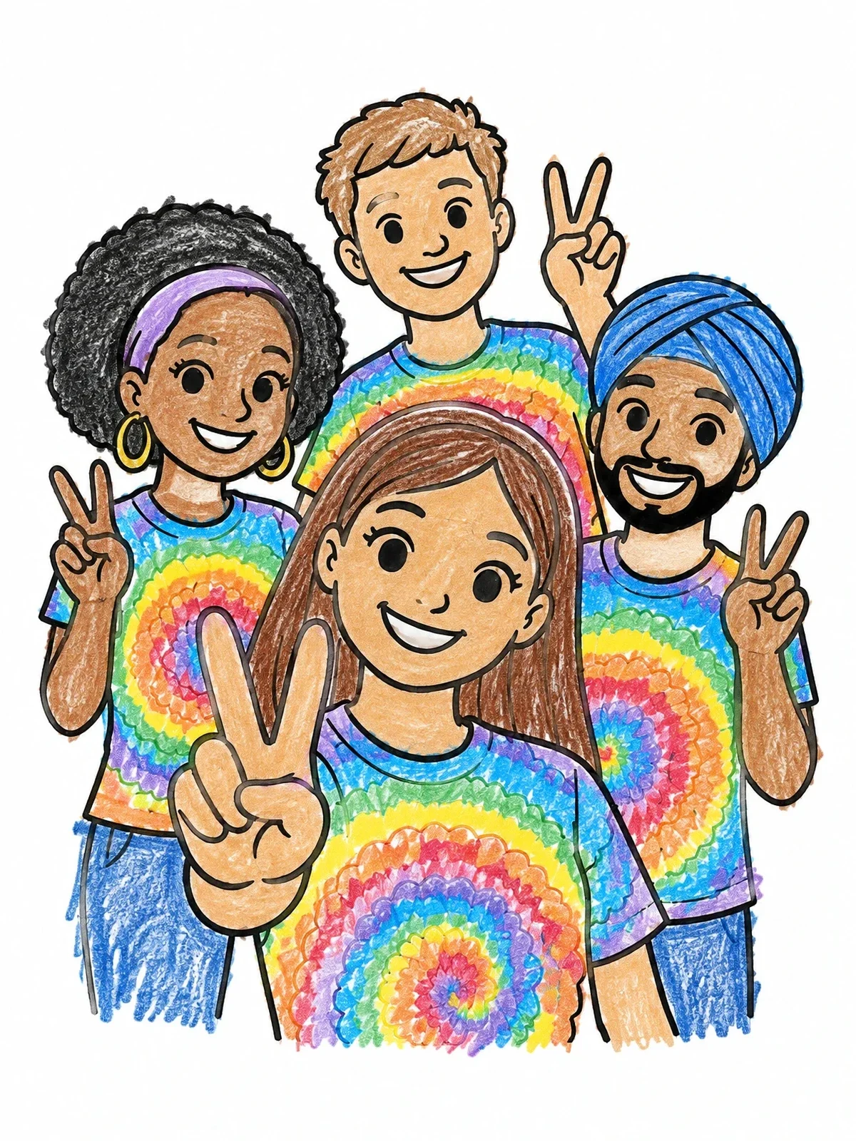 Colored example of the Friends Wearing Matching Tie Dye Shirts coloring page