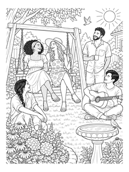 Joy coloring page showing happy friends relaxing and playing music in a sunny garden.