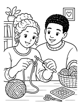 Free printable Friends Learning To Crochet Together coloring page