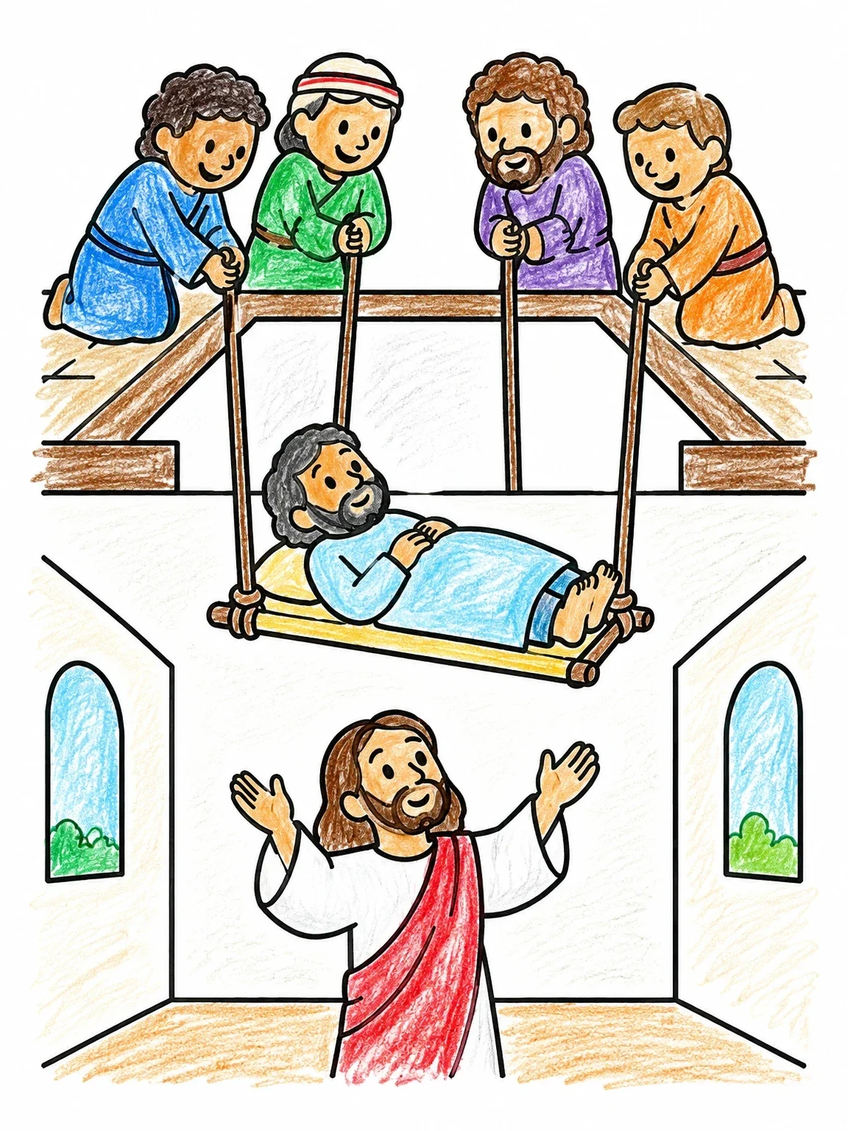 Colored example of the Friends Lowering Man To Jesus coloring page