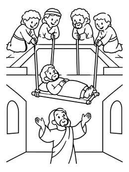 Free printable Friends Lowering Man To Jesus coloring page
