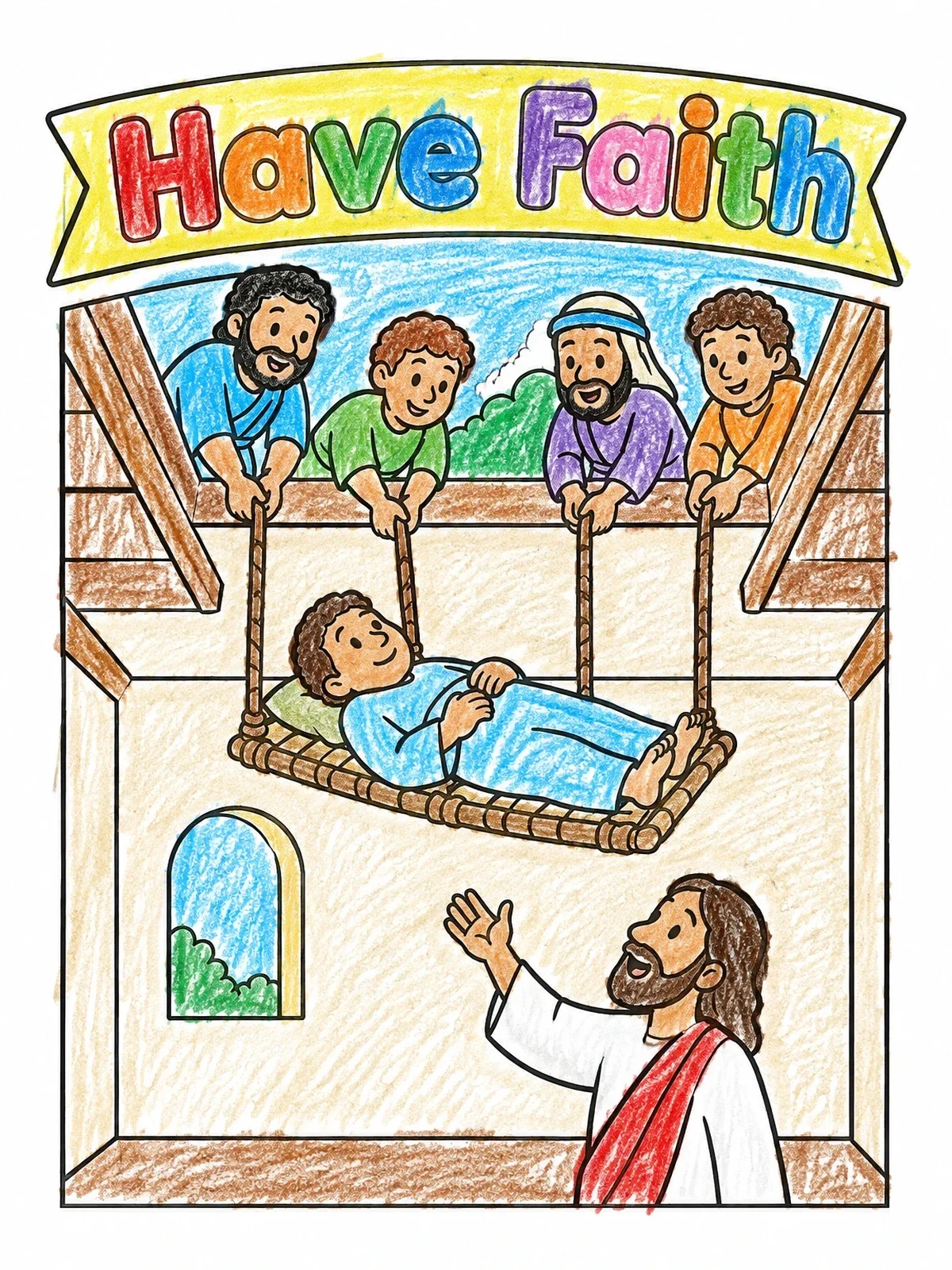 Colored example of the Friends Lowering Man To Jesus coloring page