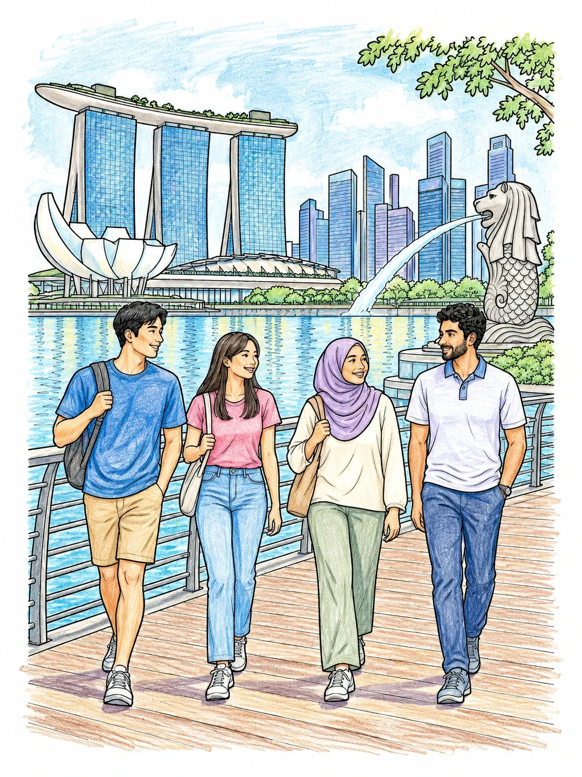 Colored example of the Friends Walking By Marina Bay coloring page