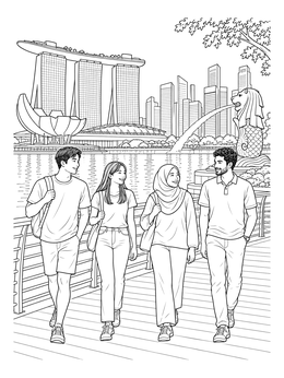 Free printable Friends Walking By Marina Bay coloring page