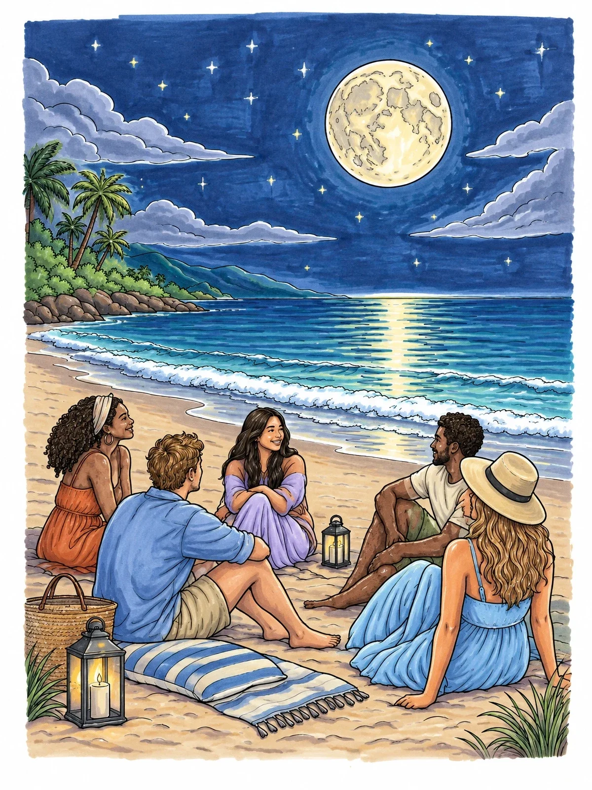 Colored example of the Friends Gathering Under Moonlit Beach Sky coloring page