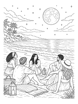 Friends relaxing on a sandy shore in this moon night coloring page.