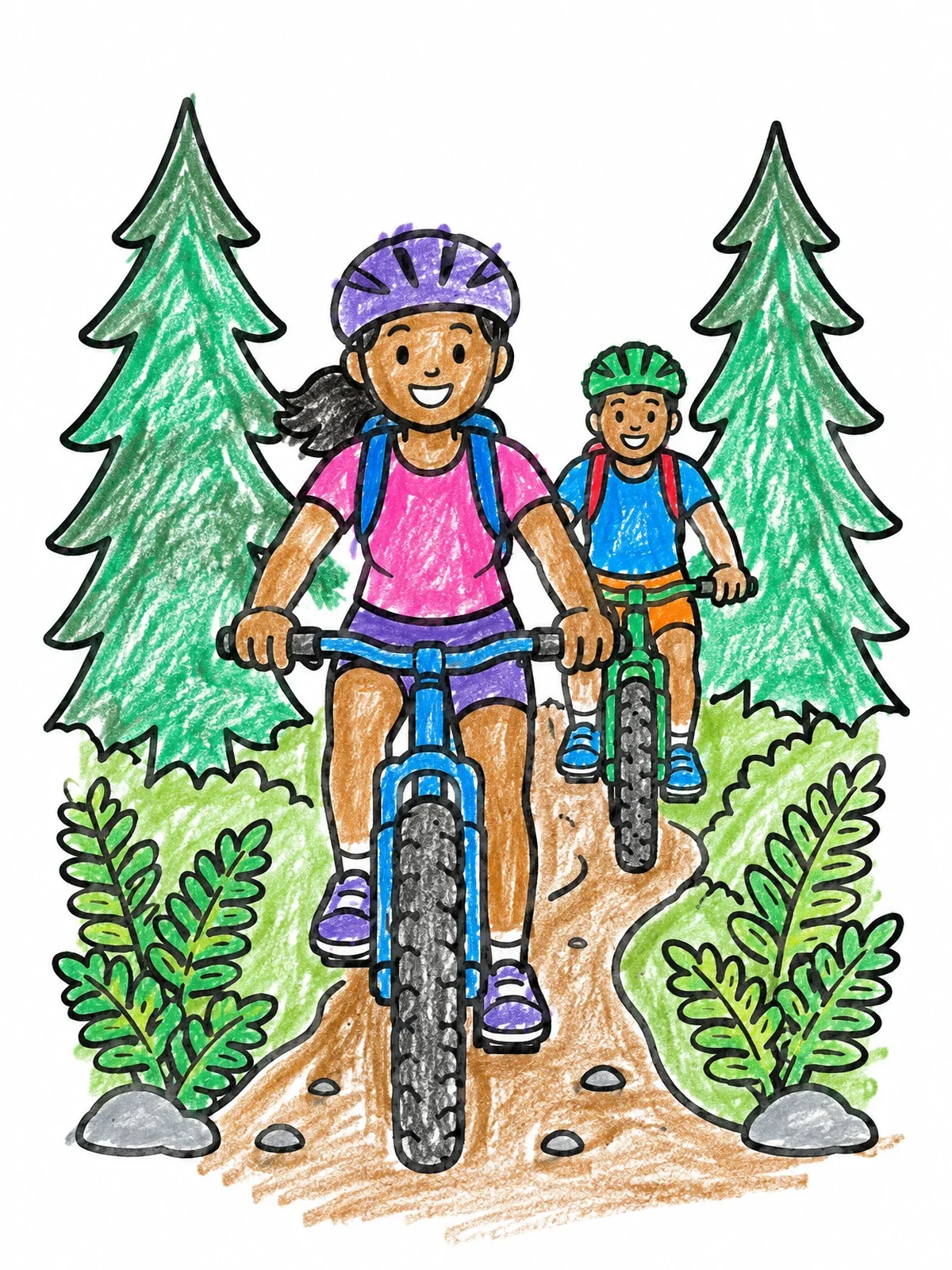 Colored example of the Friends Mountain Biking Through Forest coloring page