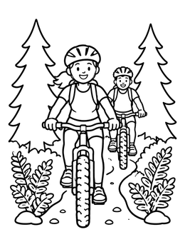 Free printable Friends Mountain Biking Through Forest coloring page