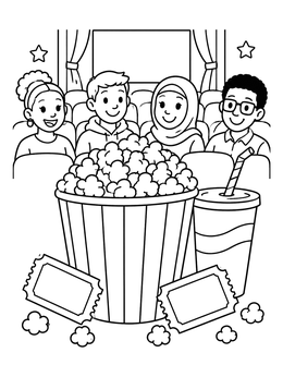 Free printable Friends Watching Cinema With Popcorn coloring page