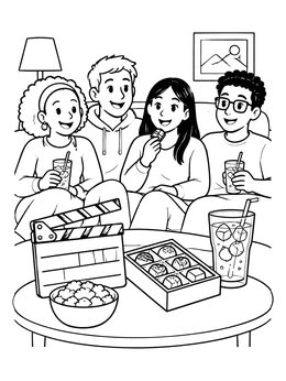 Free printable Friends Enjoying A Cozy Movie Night coloring page