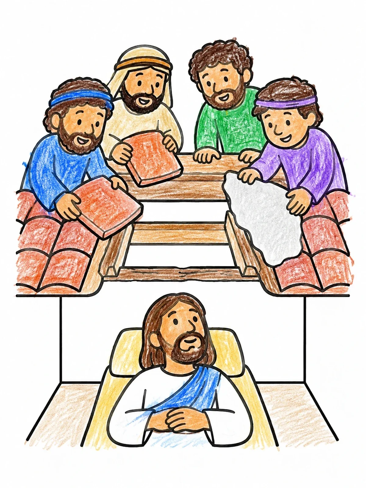 Colored example of the Friends Opening The Roof For Jesus coloring page