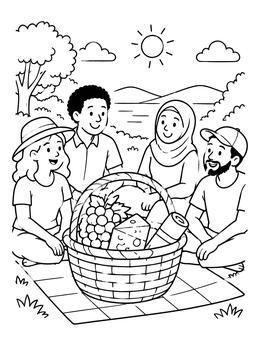 A group of friends enjoys food in this picnic coloring page.