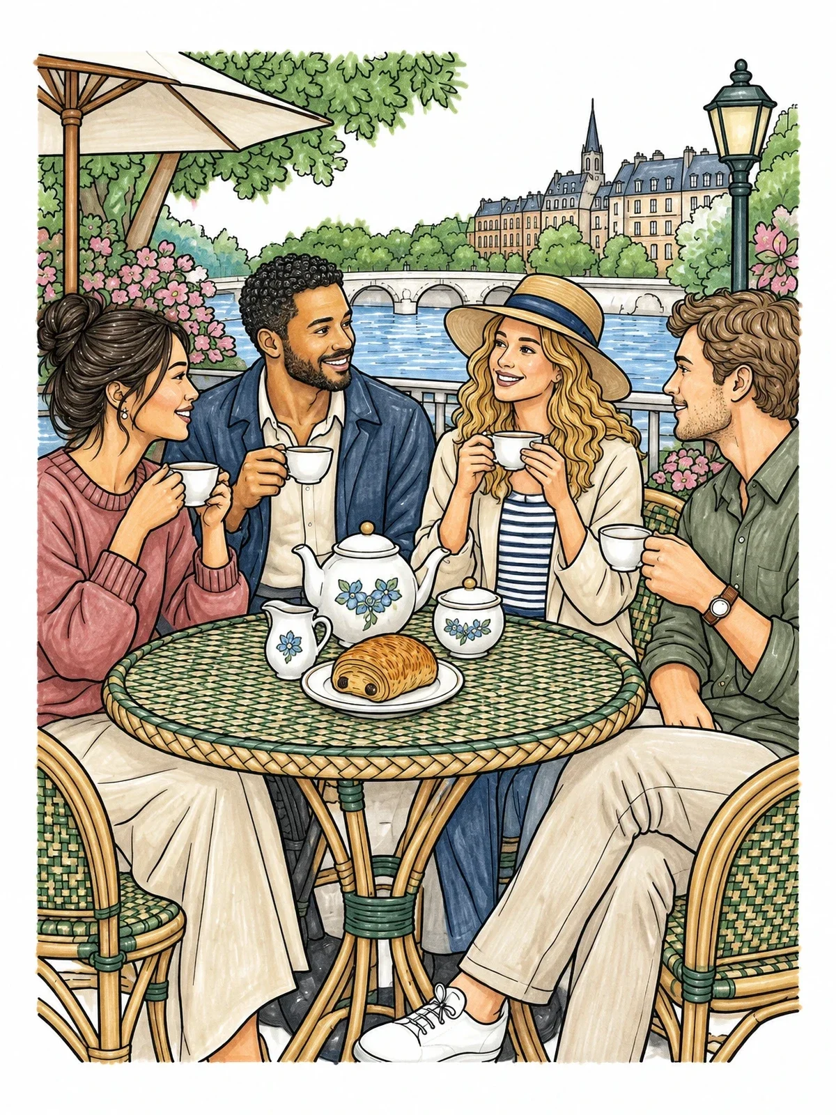 Colored example of the Friends At A Parisian Cafe Terrace coloring page