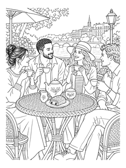 Four friends enjoy tea and pastry overlooking the Seine in this detailed paris cafe coloring page.