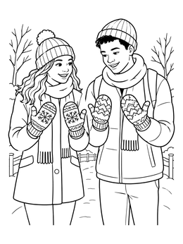 Two smiling friends display cozy gloves in this winter clothing coloring page.