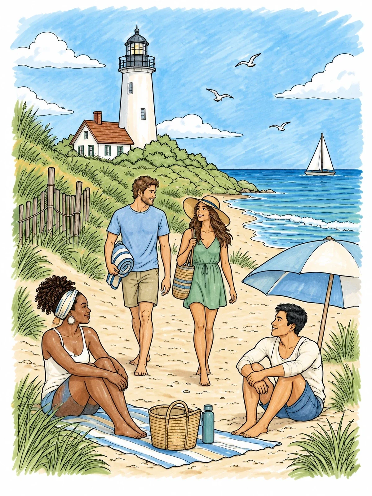 Colored example of the Friends On A Sunny Lighthouse Beach coloring page