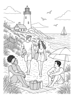 A group of friends enjoys a picnic on this detailed lighthouse beach coloring page.