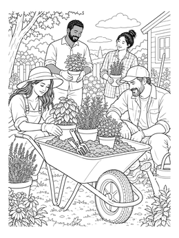 A group of happy friends planting potted herbs around a wheelbarrow in this garden coloring page.
