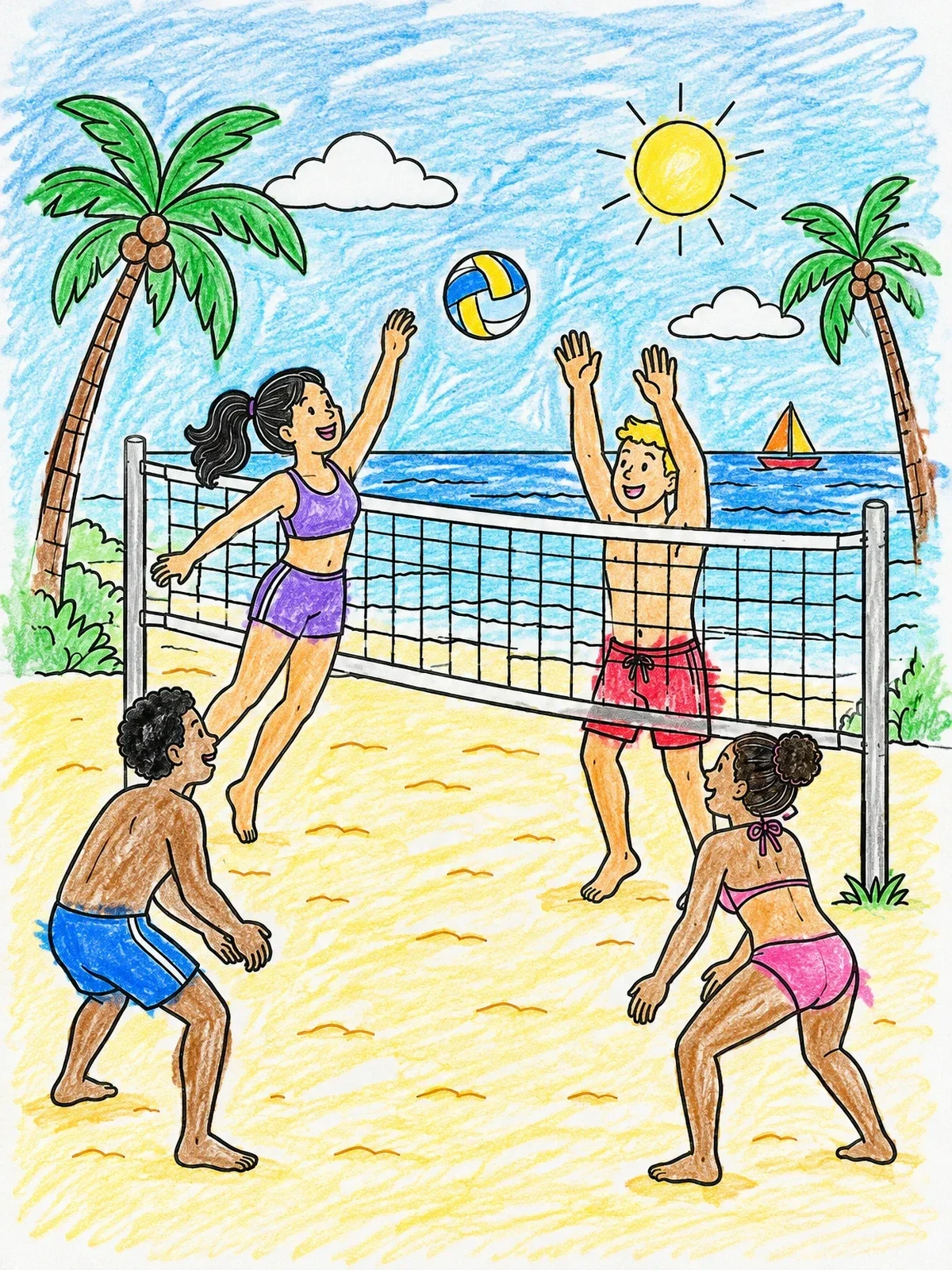 Colored example of the Friends Playing Beach Volleyball coloring page