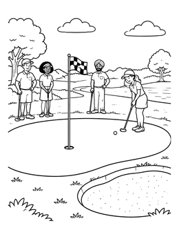 A golfer aims for the hole beside friends in this golf coloring page.