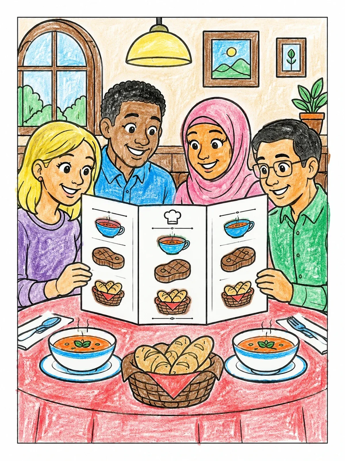Colored example of the Friends Reading A Restaurant Menu coloring page