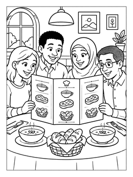 Free printable Friends Reading A Restaurant Menu coloring page