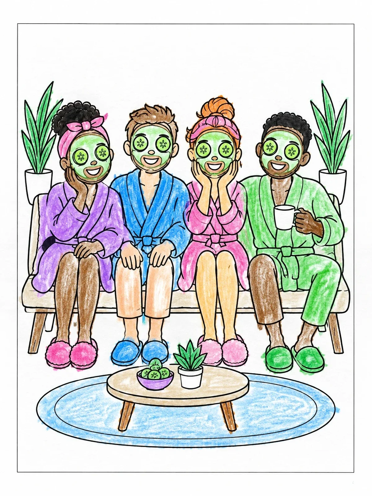 Colored example of the Friends Relaxing On Spa Day coloring page
