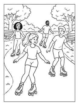Free printable Friends Roller Skating In Park coloring page