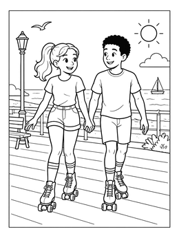 Free printable Friends Roller Skating By The Sea coloring page
