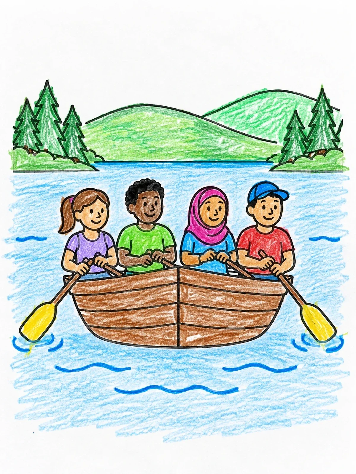 Colored example of the Friends Rowing On A Calm Lake coloring page