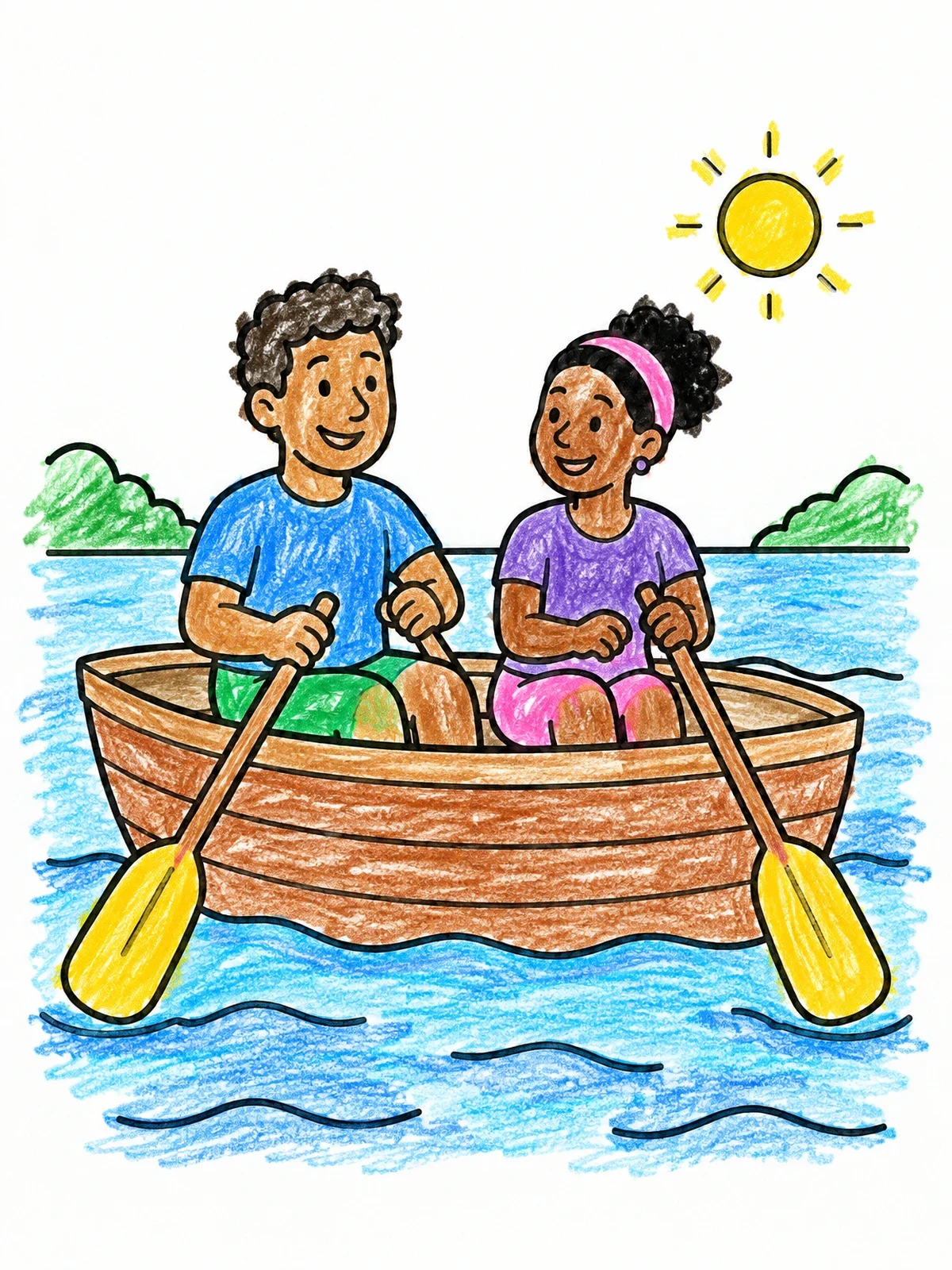 Colored example of the Friends Rowing A Wooden Boat coloring page