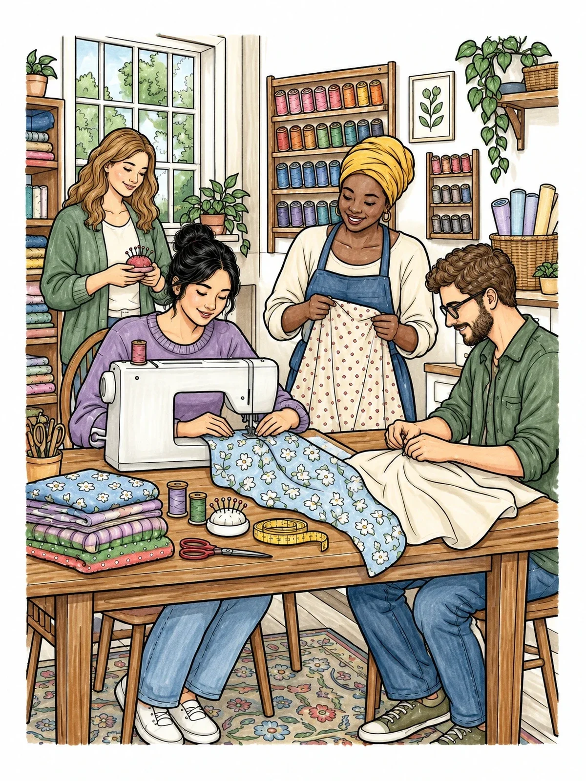 Colored example of the Friends Sewing In Cozy Craft Workshop coloring page