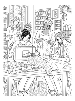 A group of friends crafting together in this detailed sewing coloring page.