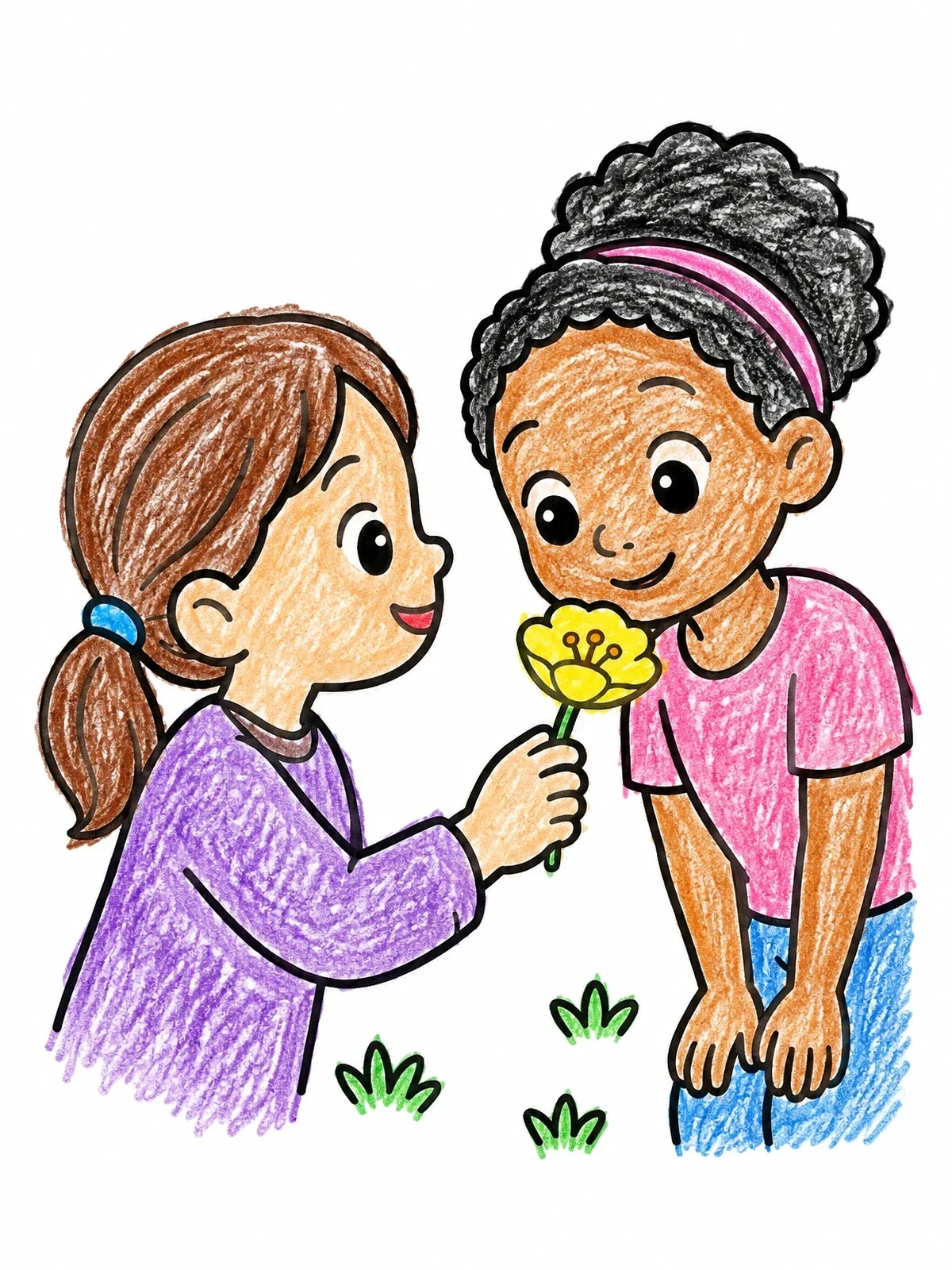 Colored example of the Friends Sharing A Buttercup Flower coloring page