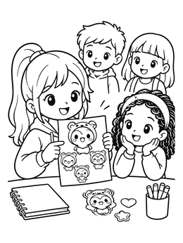 Kids admire artwork at a desk in this cute chibi coloring page.