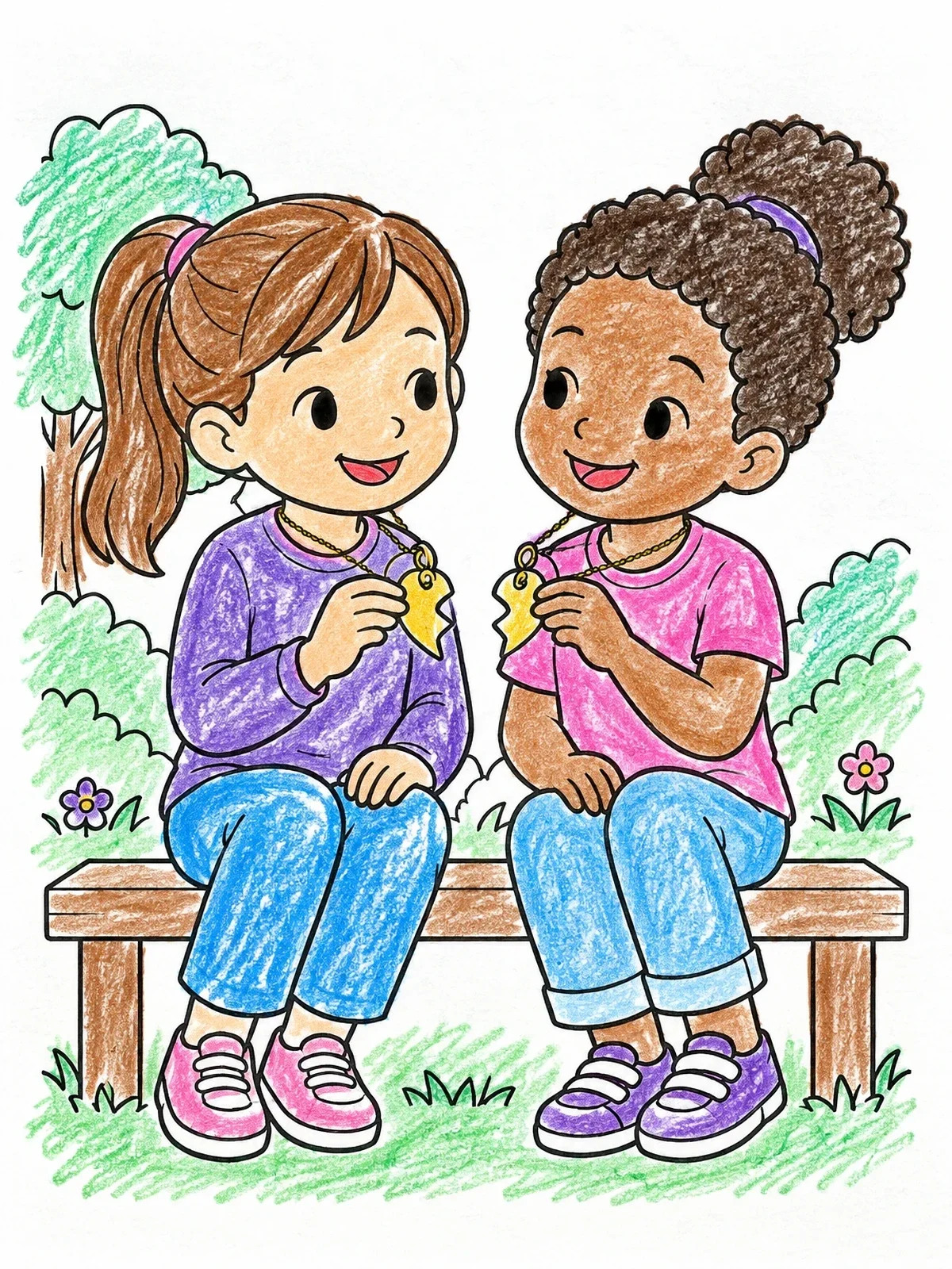 Colored example of the Friends Sharing Heart Pendants coloring page