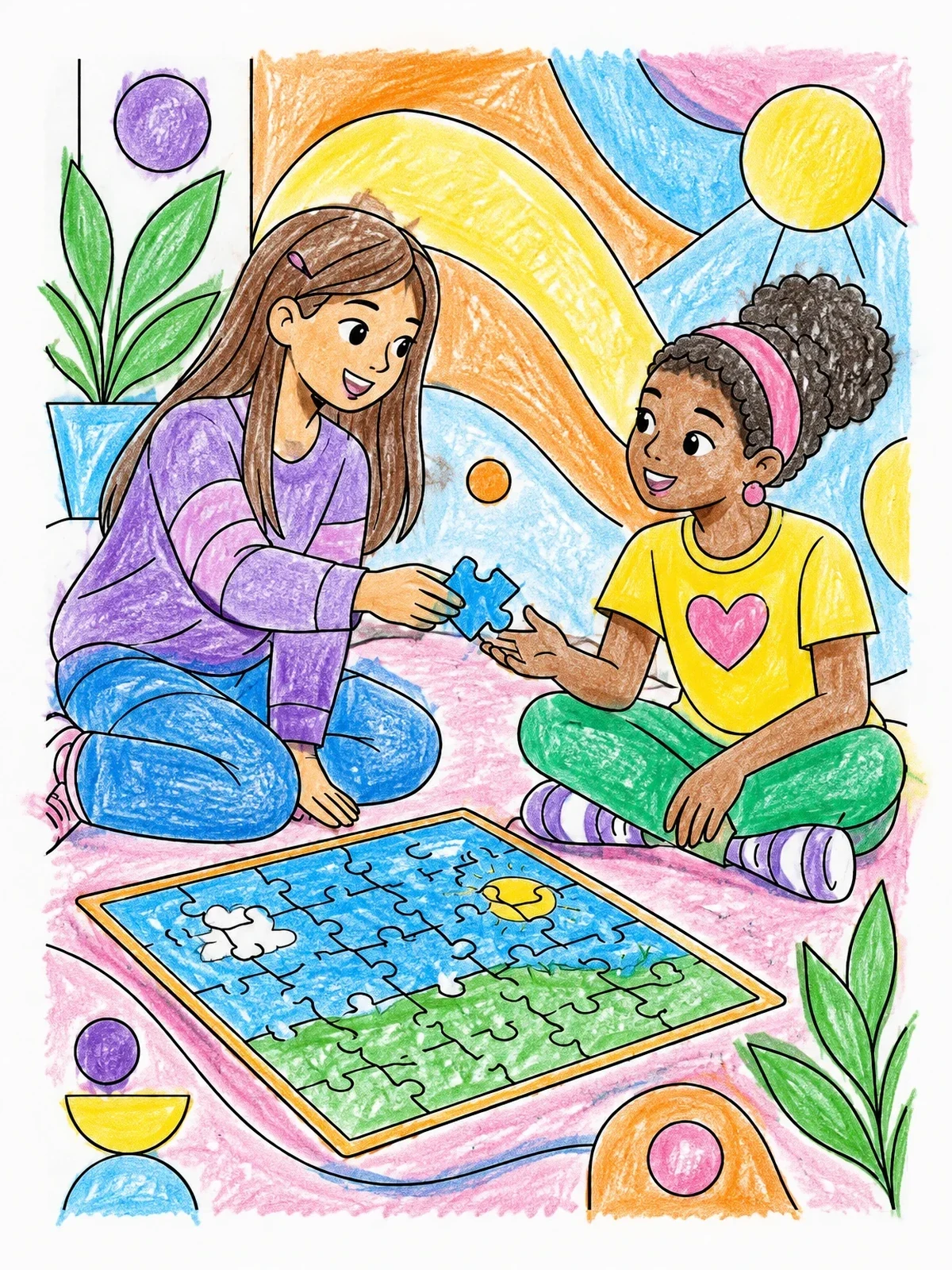 Colored example of the Friends Sharing A Jigsaw Puzzle coloring page