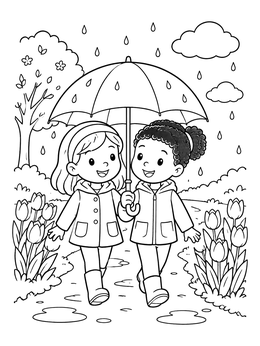 Free printable Friends Sharing An Umbrella In Spring coloring page