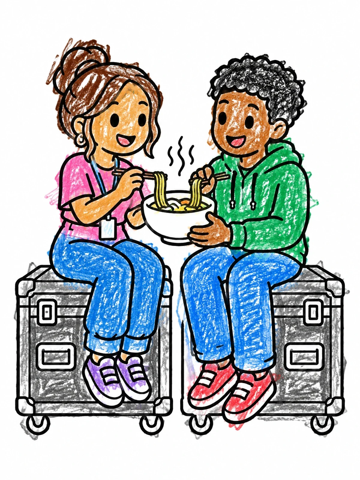 Colored example of the Friends Sharing Warm Ramen Backstage coloring page
