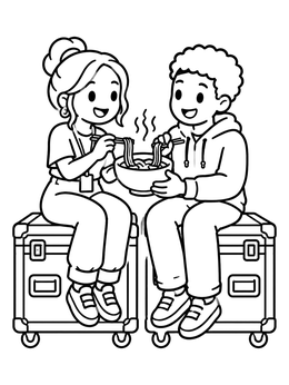 Two young friends eating noodles together in this ramen coloring page.